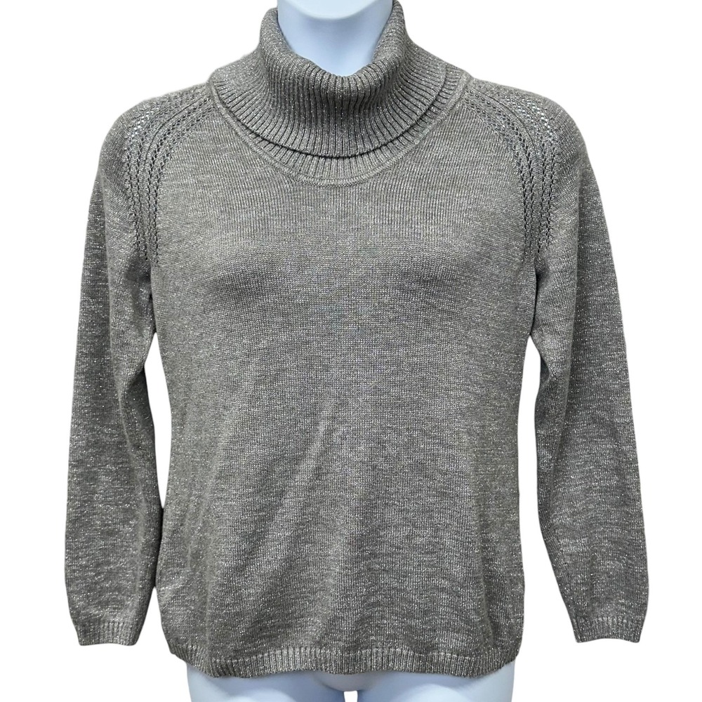 Liz Claiborne Sweater Womens Large Gray Metallic Turtleneck Knit Pullover